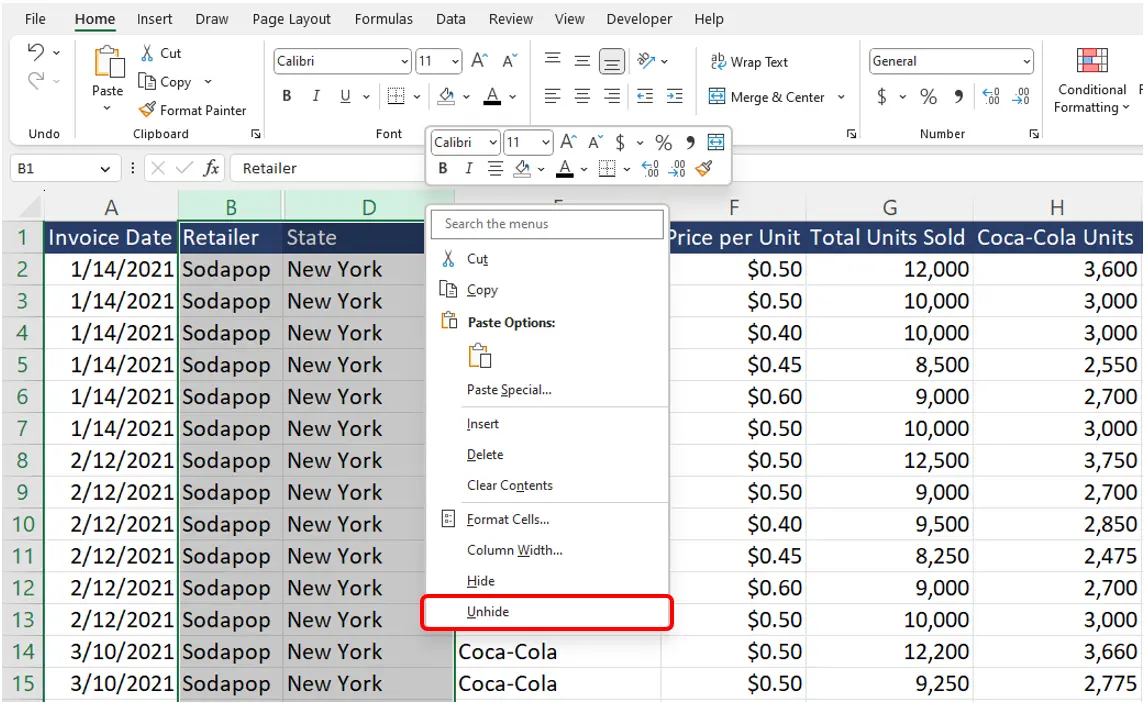Cómo mostrar columnas y filas en Excel