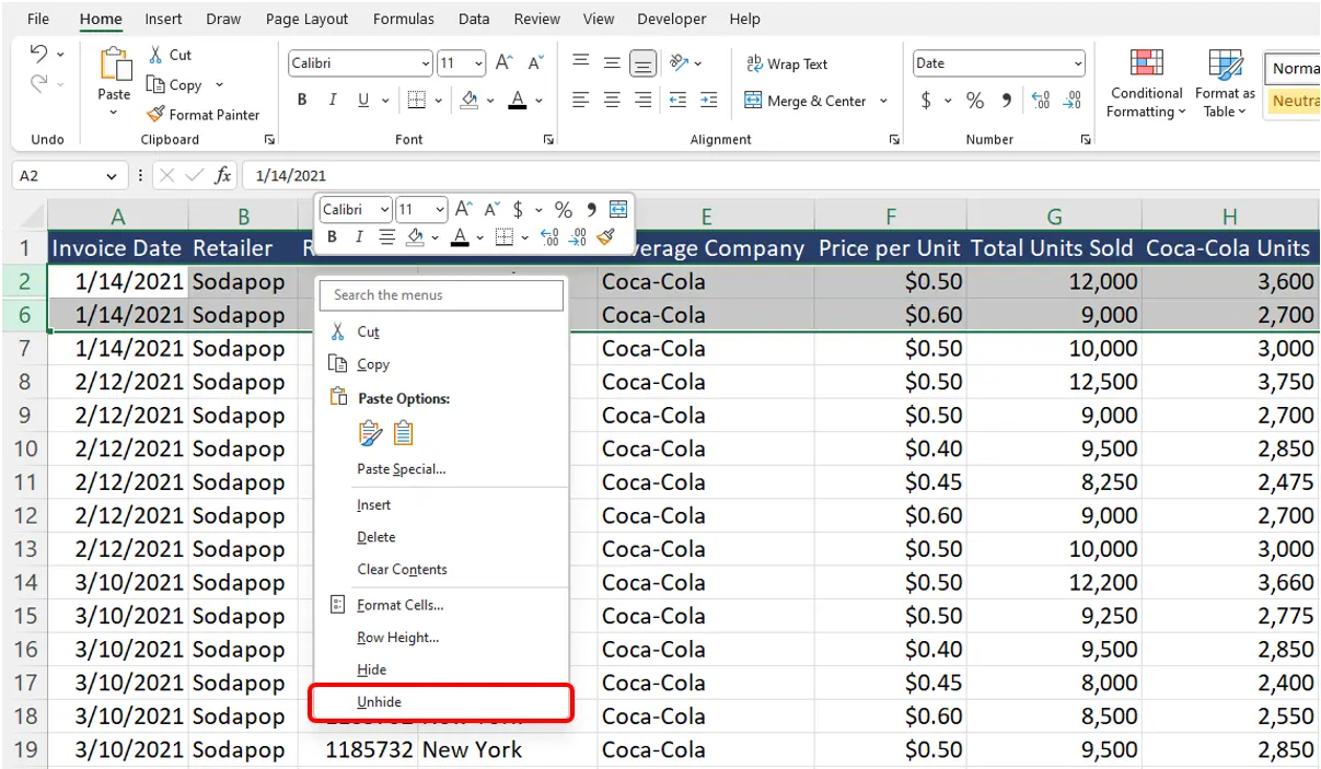 Cómo mostrar columnas y filas en Excel