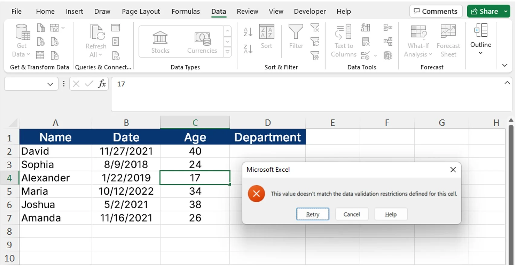 Validación de datos de Excel.