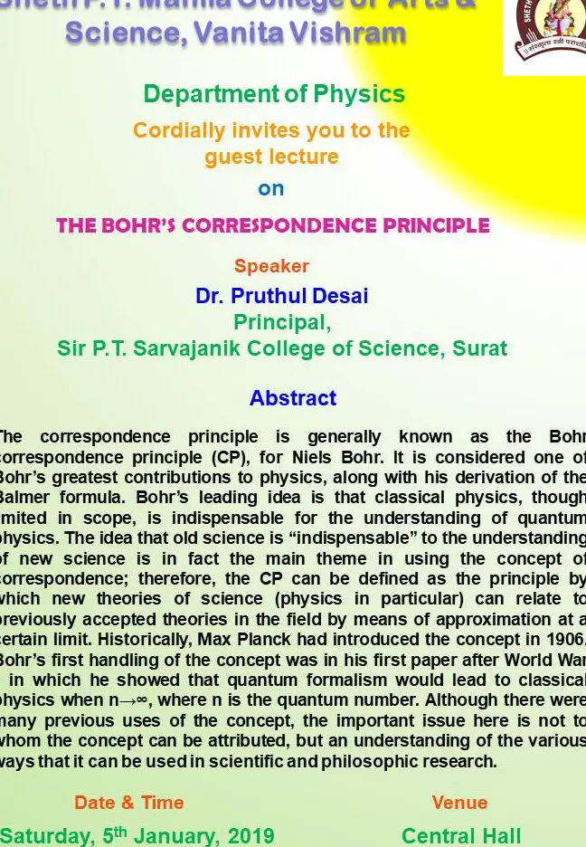 Conferencia invitada sobre el principio de correspondencia de Bohr - Sheth P.T.